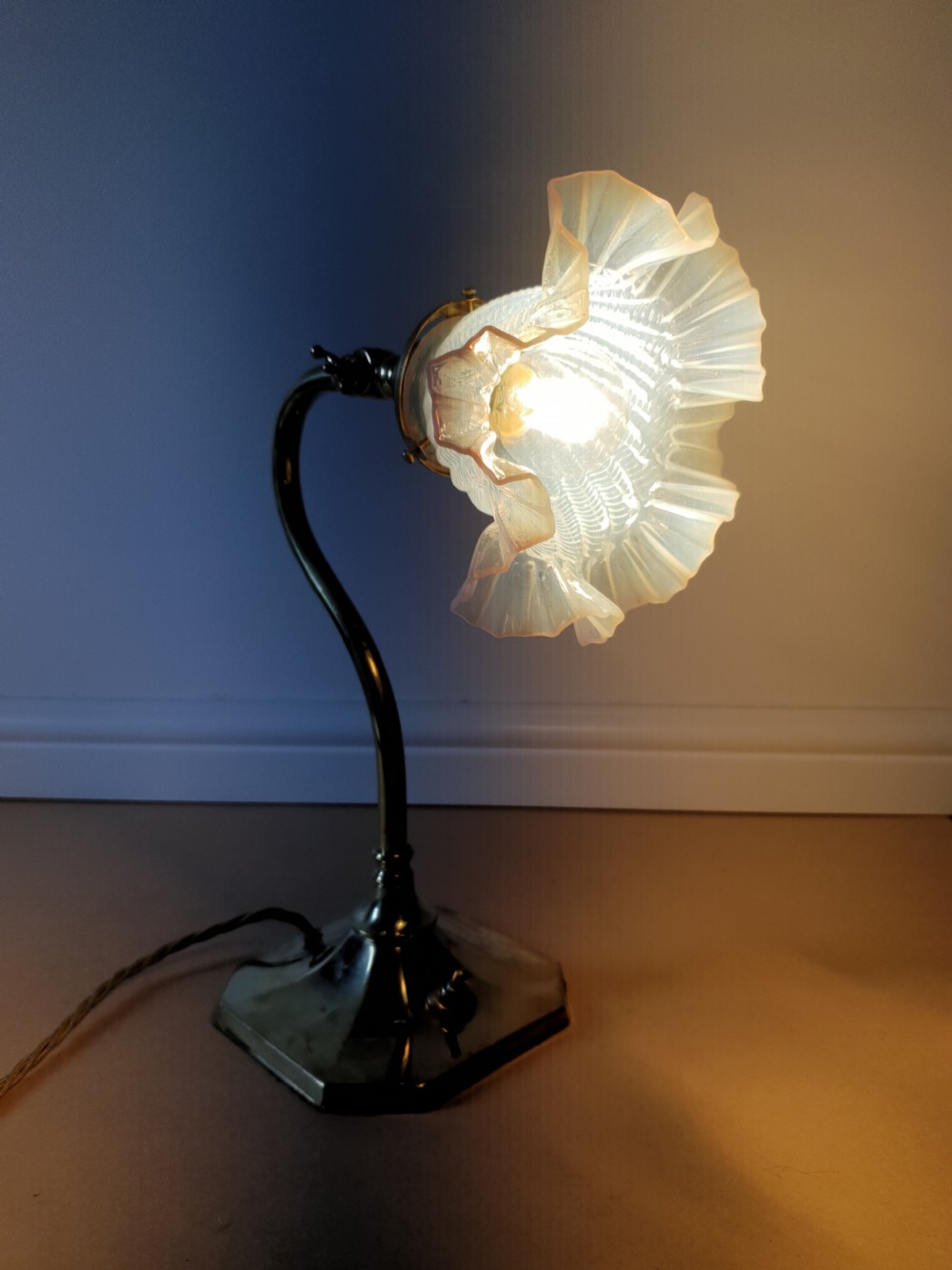 Edwardian Ladies Adjustable Table Lamp with Original Vaseline Shade, Rewired and PAT tested  View IV