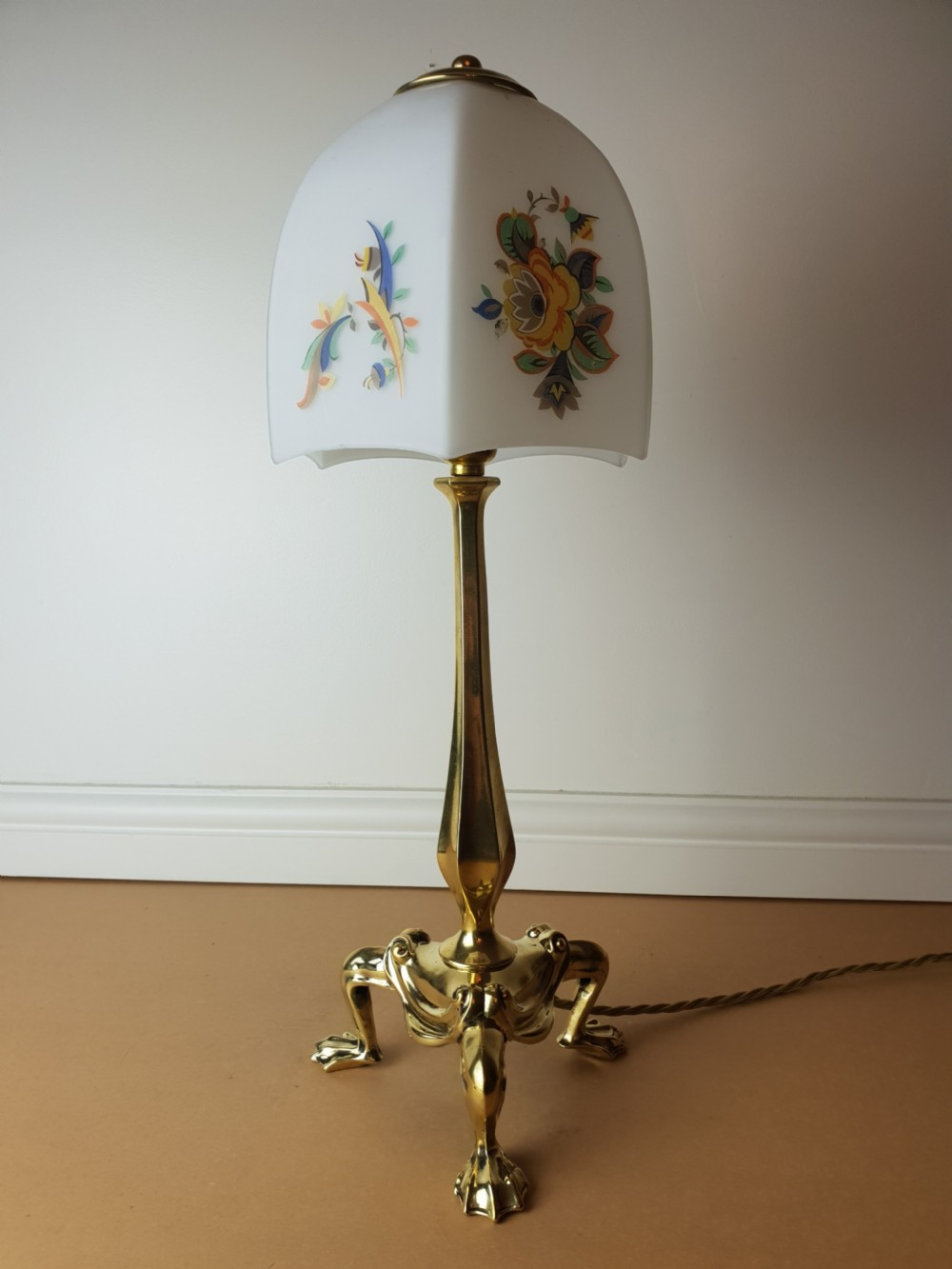 Faraday and Sons Brass Pullman Table Lamp with Floral Ceramic Shade, Rewired and PAT tested 