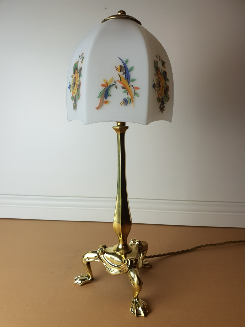 Faraday and Sons Brass Pullman Table Lamp with Floral Ceramic Shade, Rewired and PAT tested  View V