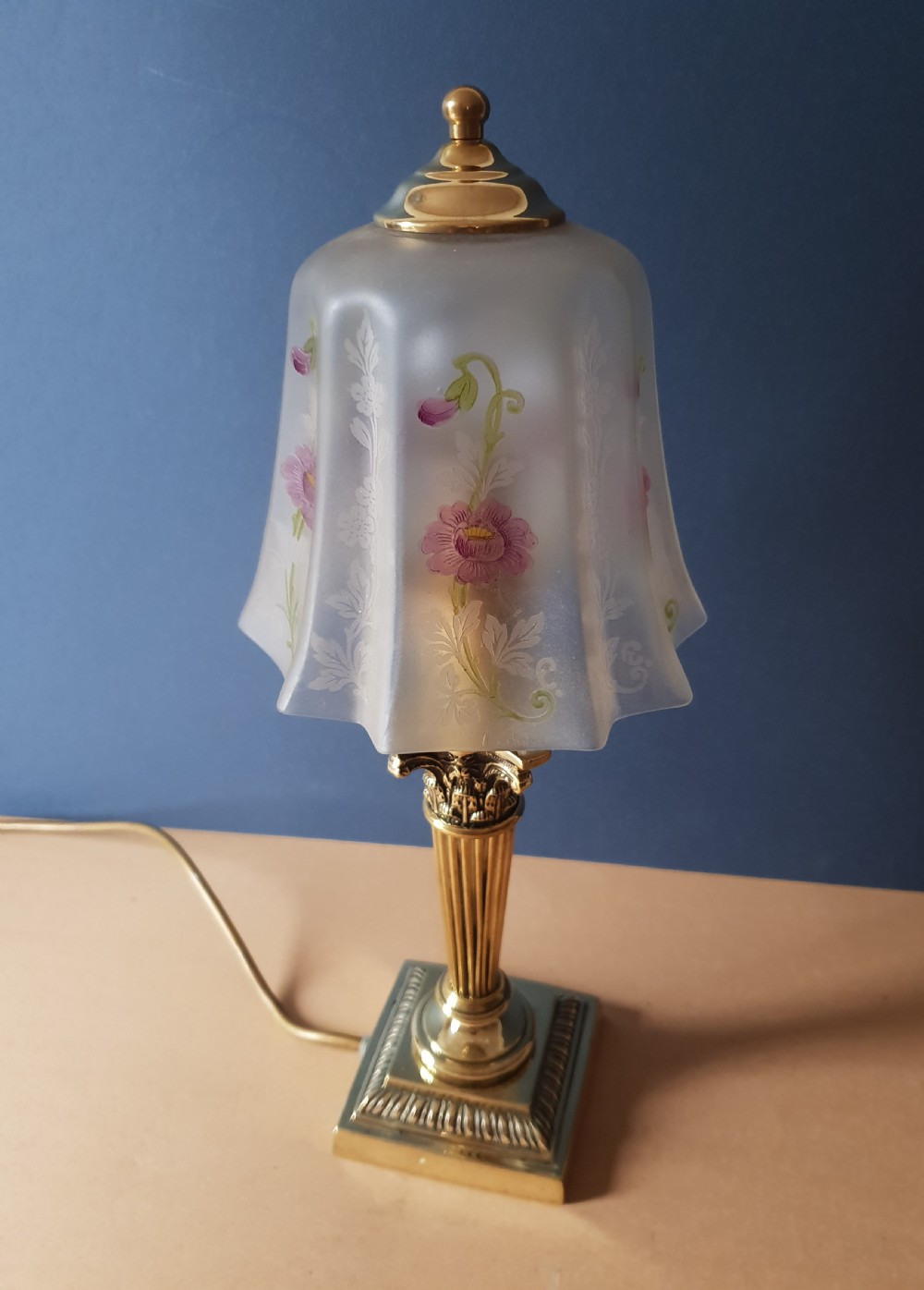 No 1 of a Pair, Corinthian Column Table Lamp with Floral Ceramic Shade. View II