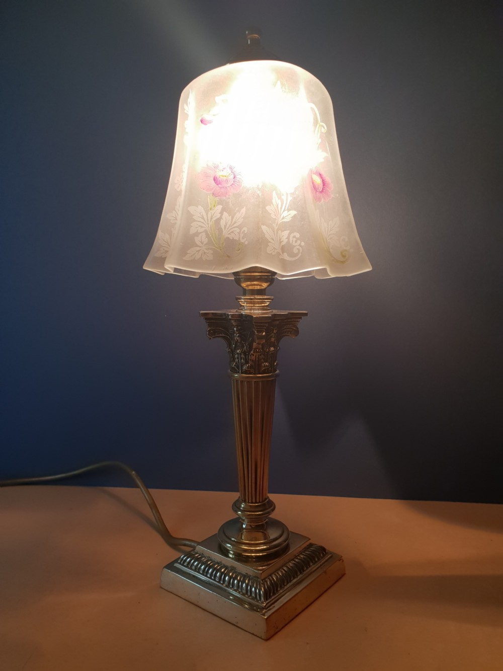 No 1 of a Pair, Corinthian Column Table Lamp with Floral Ceramic Shade. View III