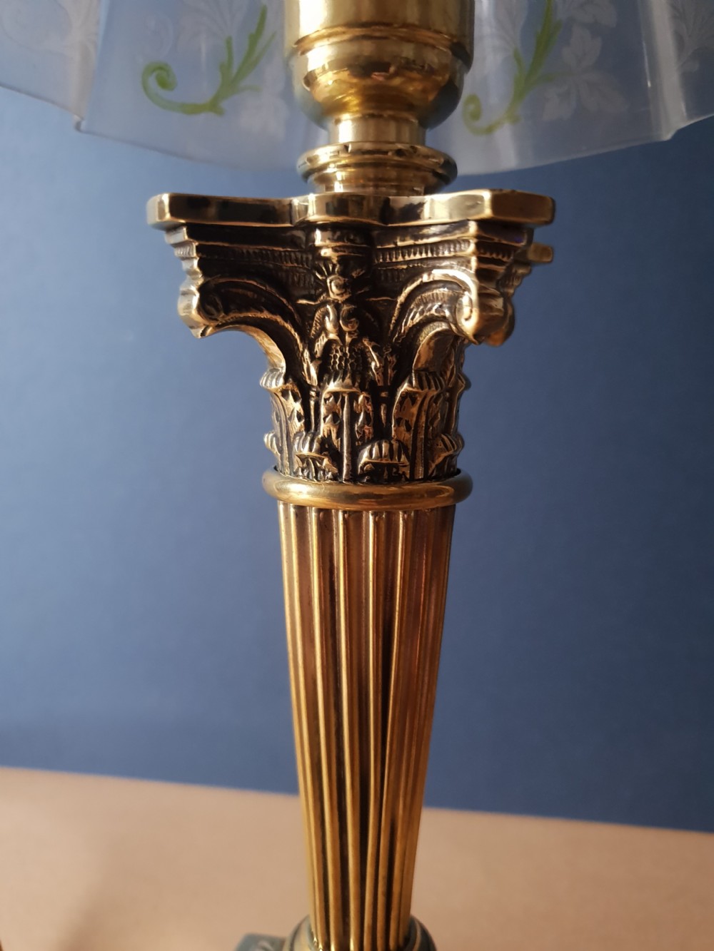 No 1 of a Pair, Corinthian Column Table Lamp with Floral Ceramic Shade. View IV