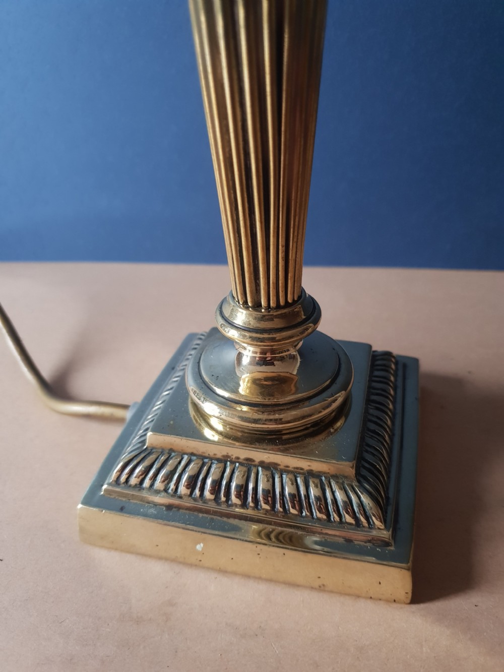 No 1 of a Pair, Corinthian Column Table Lamp with Floral Ceramic Shade. View V