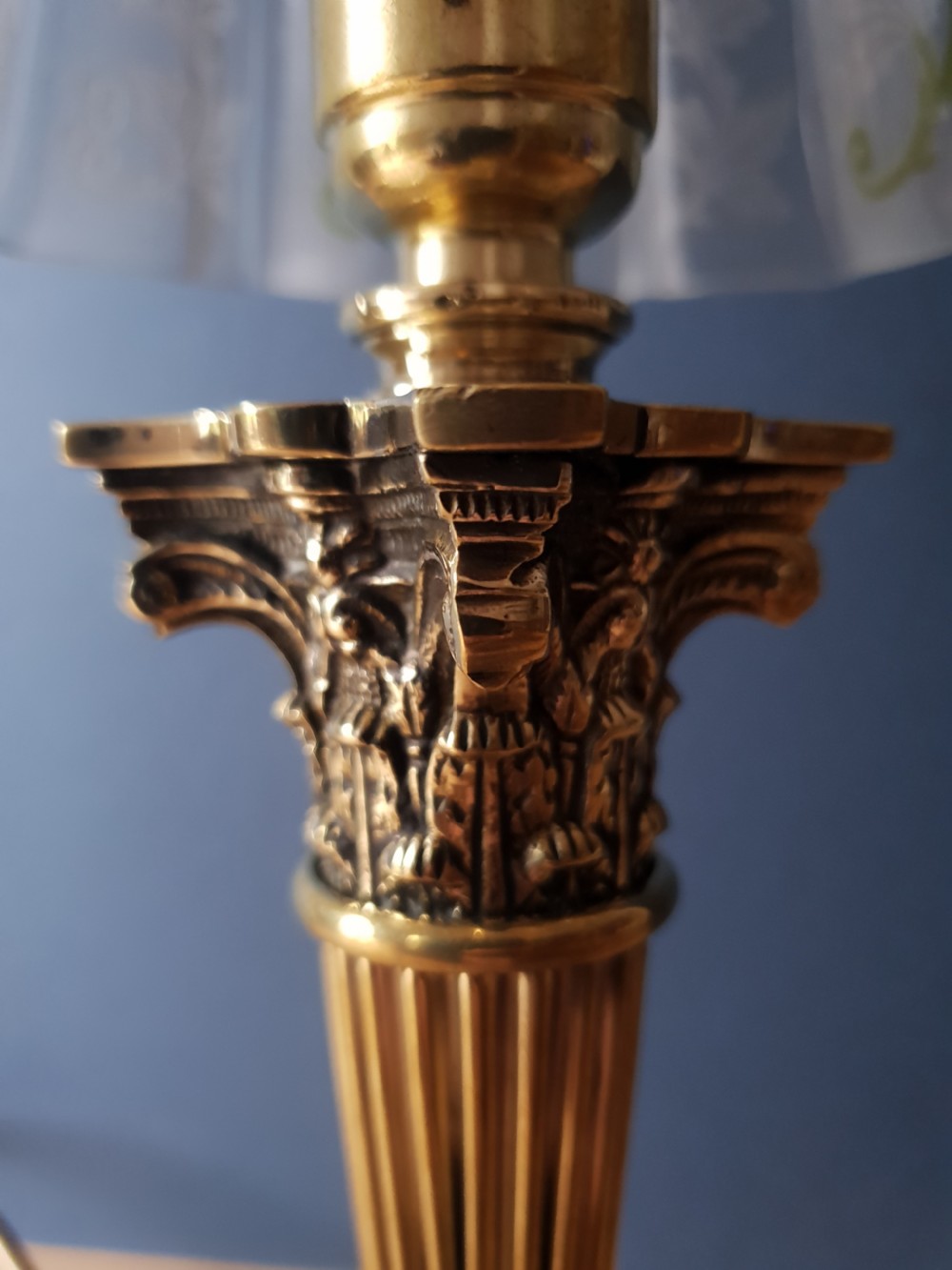 No 1 of a Pair, Corinthian Column Table Lamp with Floral Ceramic Shade. View VI