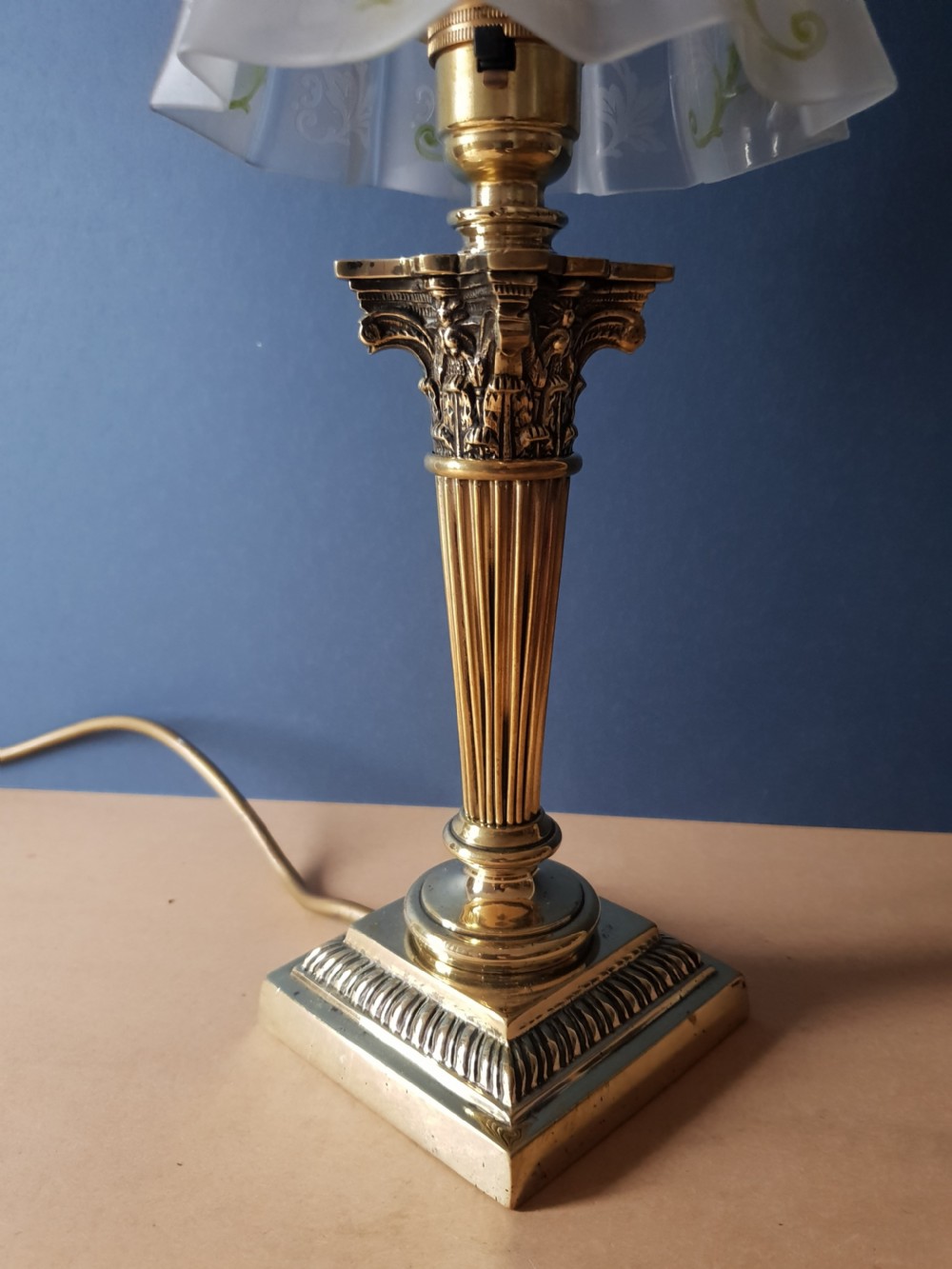 No 1 of a Pair, Corinthian Column Table Lamp with Floral Ceramic Shade. View VII