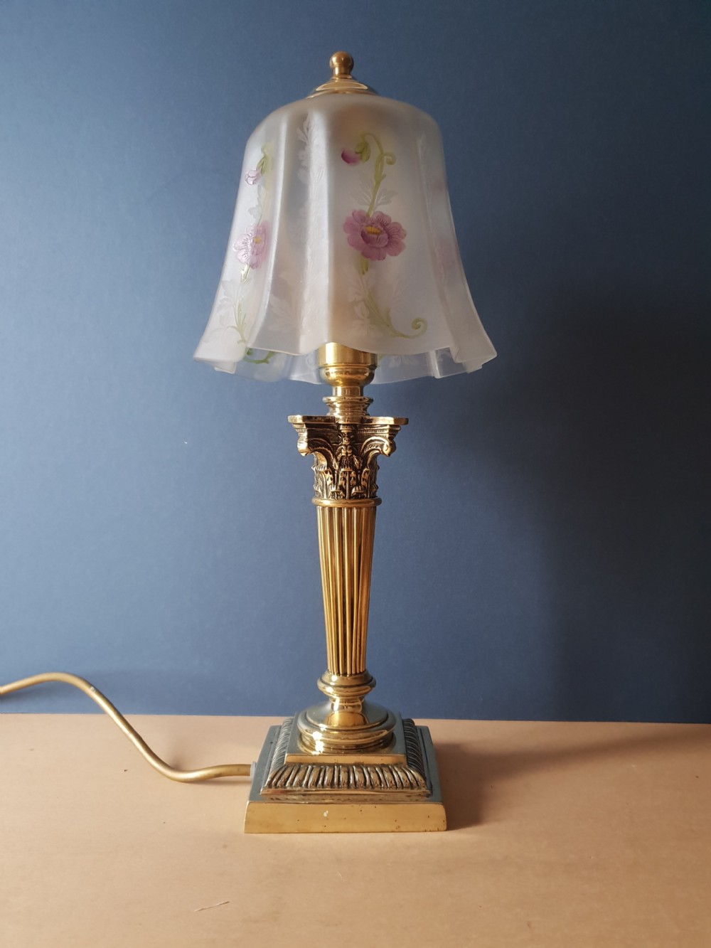 No 1 of a Pair, Corinthian Column Table Lamp with Floral Ceramic Shade. View VIII