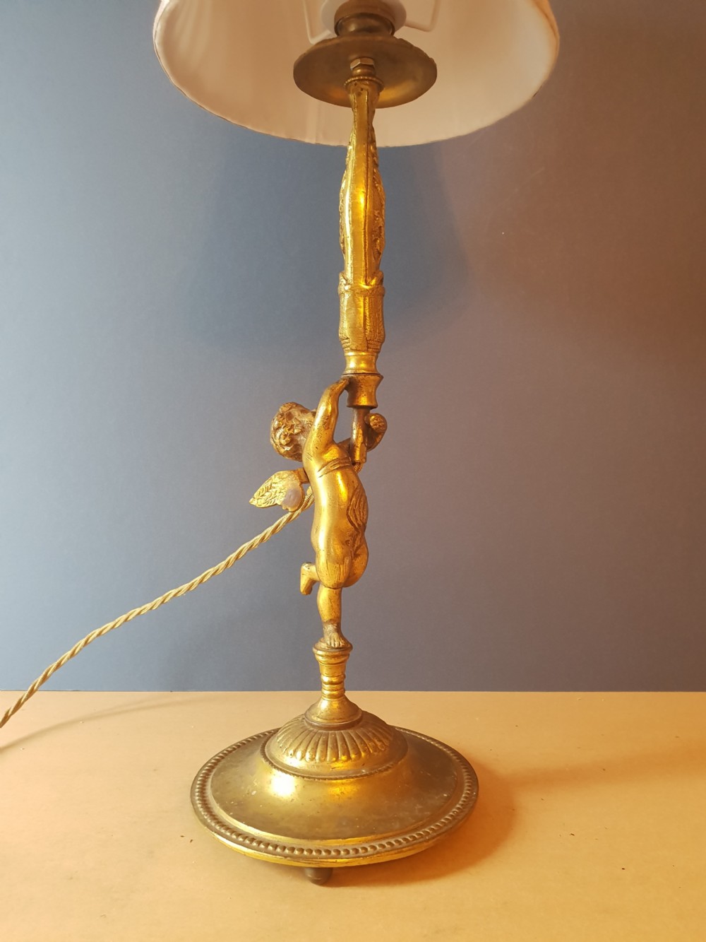 c1890 French Gilded Brass Cherub Table Lamp with Fabric Shade, Rewired and PAT tested  View II