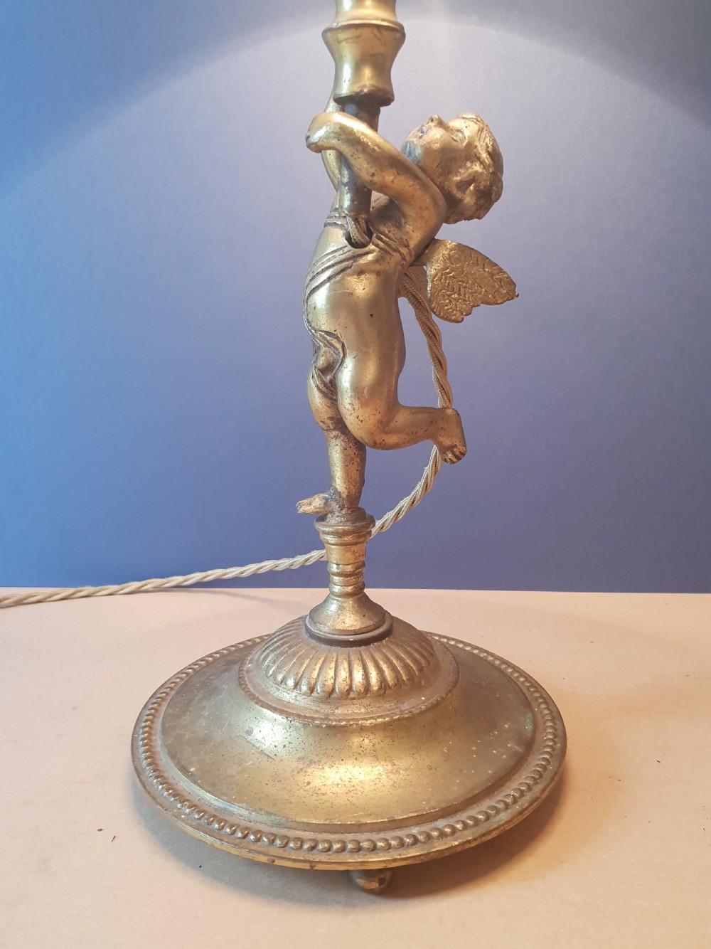 c1890 French Gilded Brass Cherub Table Lamp with Fabric Shade, Rewired and PAT tested  View IV