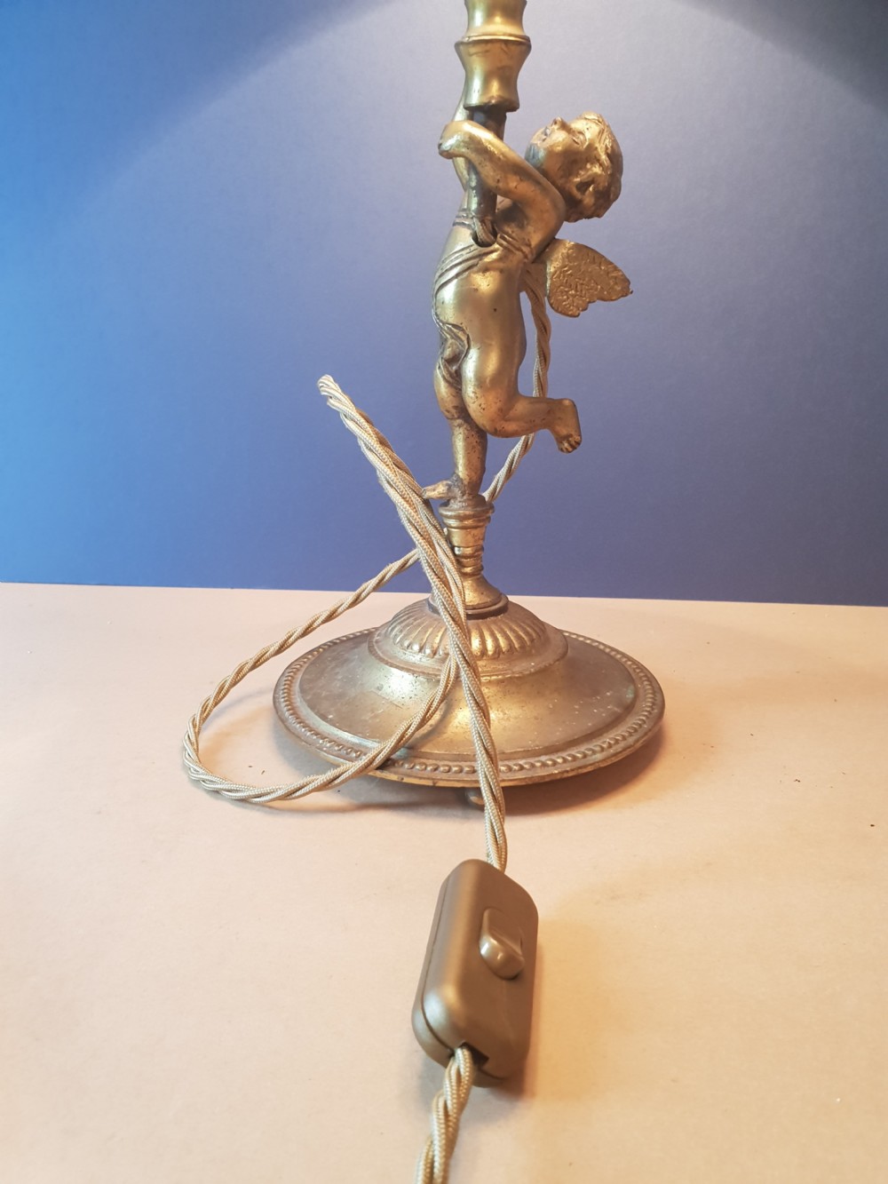 c1890 French Gilded Brass Cherub Table Lamp with Fabric Shade, Rewired and PAT tested  View VI