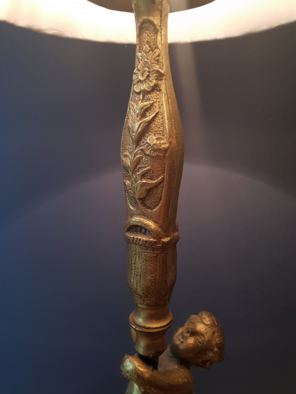 c1890 French Gilded Brass Cherub Table Lamp with Fabric Shade, Rewired and PAT tested  View VII