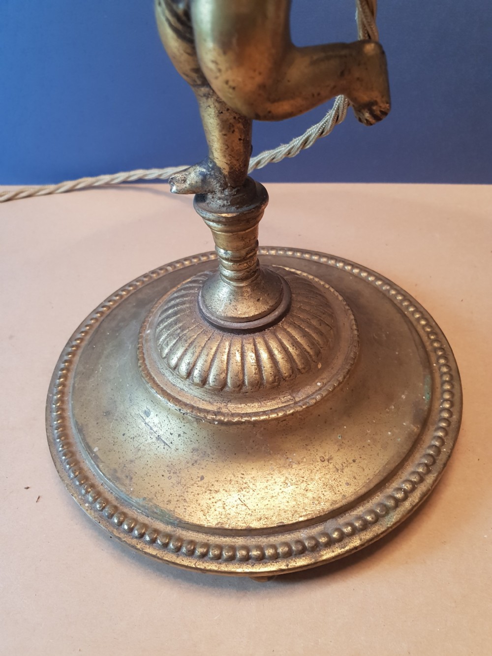 c1890 French Gilded Brass Cherub Table Lamp with Fabric Shade, Rewired and PAT tested  View VIII