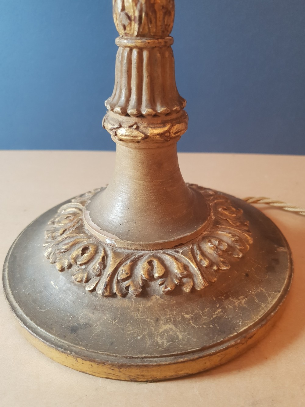 Tall c1890 Carved Wood Aged Gilded Table Lamp Base, Rewired and PAT tested  View II