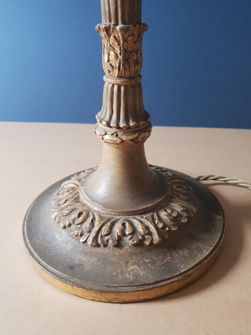 Tall c1890 Carved Wood Aged Gilded Table Lamp Base, Rewired and PAT tested  View IV