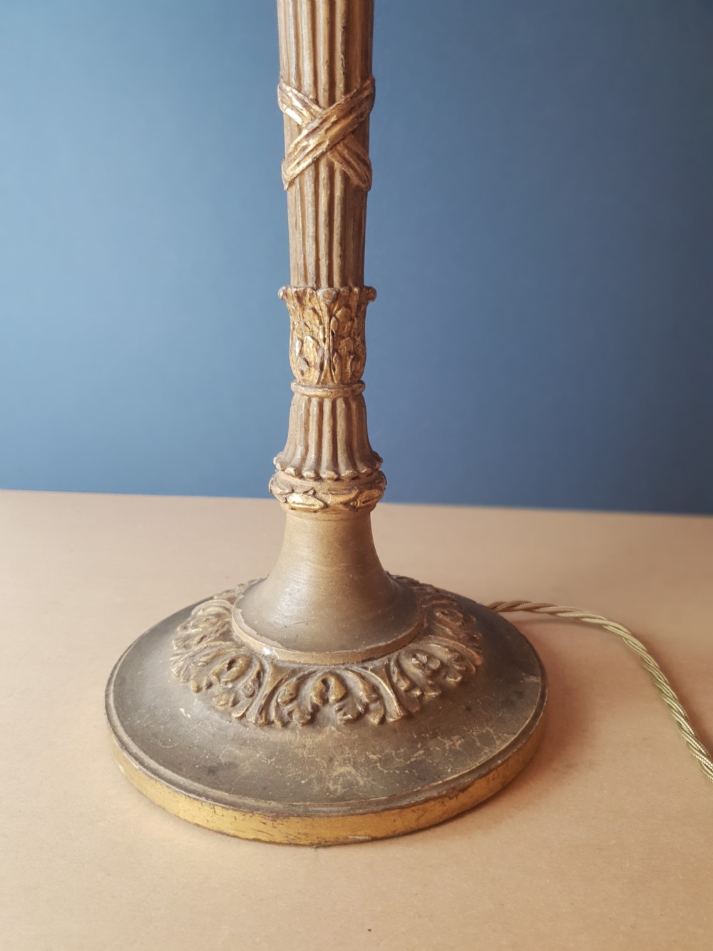 Tall c1890 Carved Wood Aged Gilded Table Lamp Base, Rewired and PAT tested  View VI