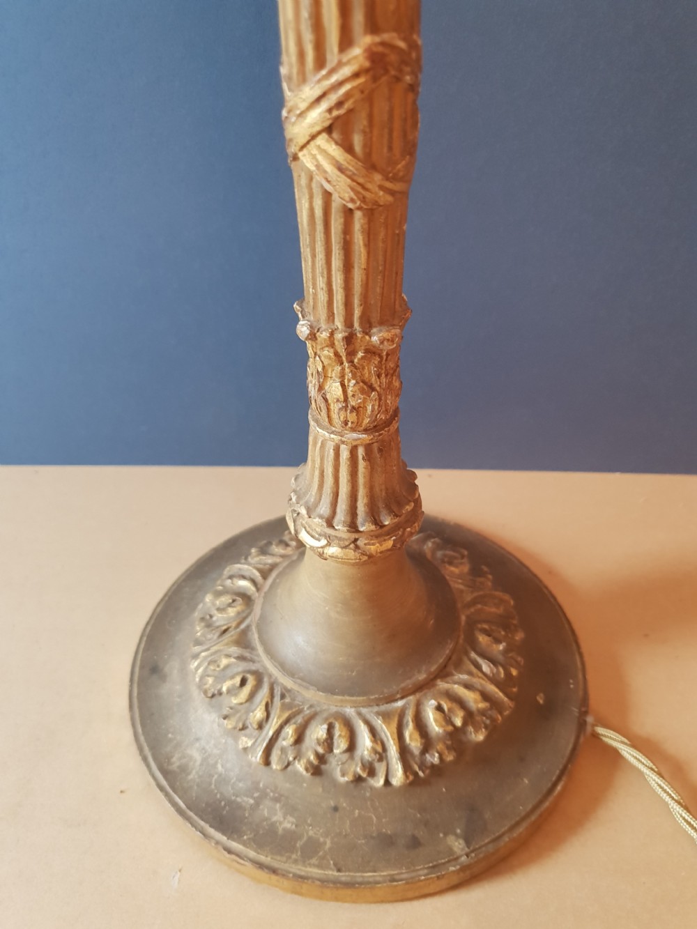 Tall c1890 Carved Wood Aged Gilded Table Lamp Base, Rewired and PAT tested  View VII