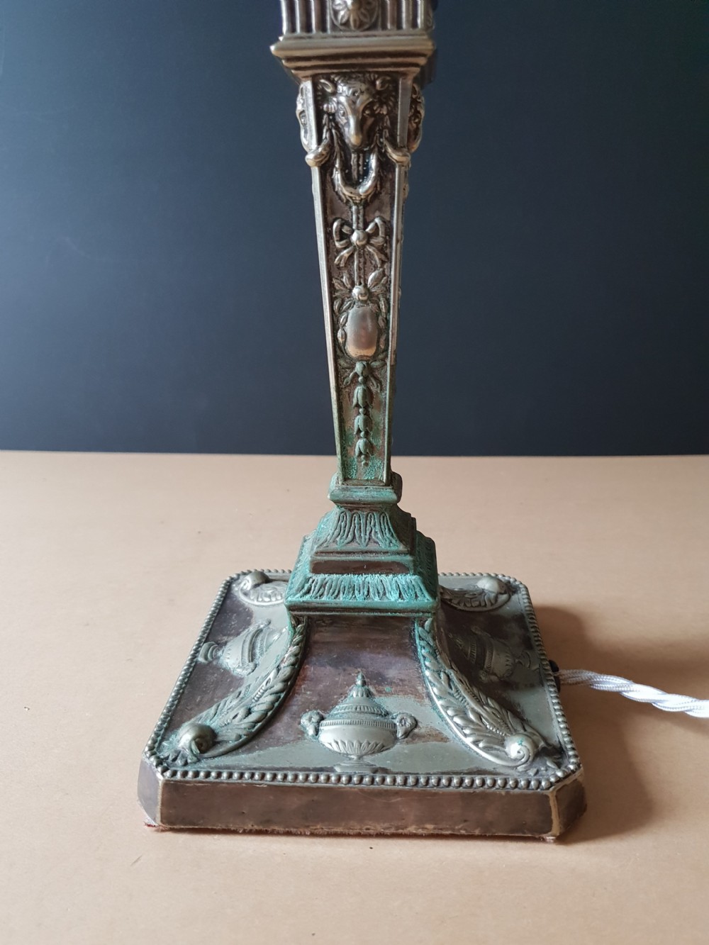 Verdigris Distressed Ornate Table Lamp, Rewired and PAT tested  View II