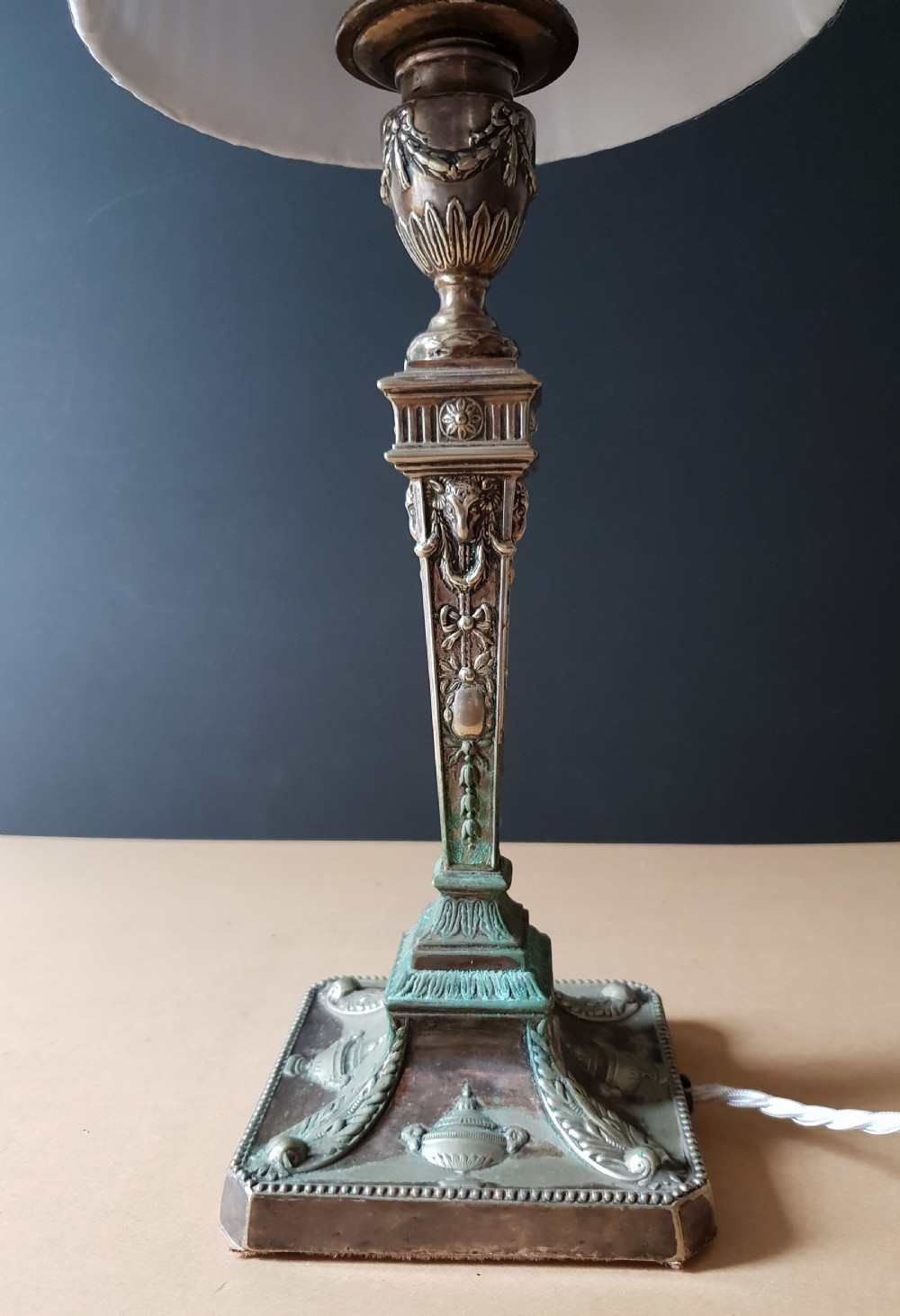 Verdigris Distressed Ornate Table Lamp, Rewired and PAT tested  View III