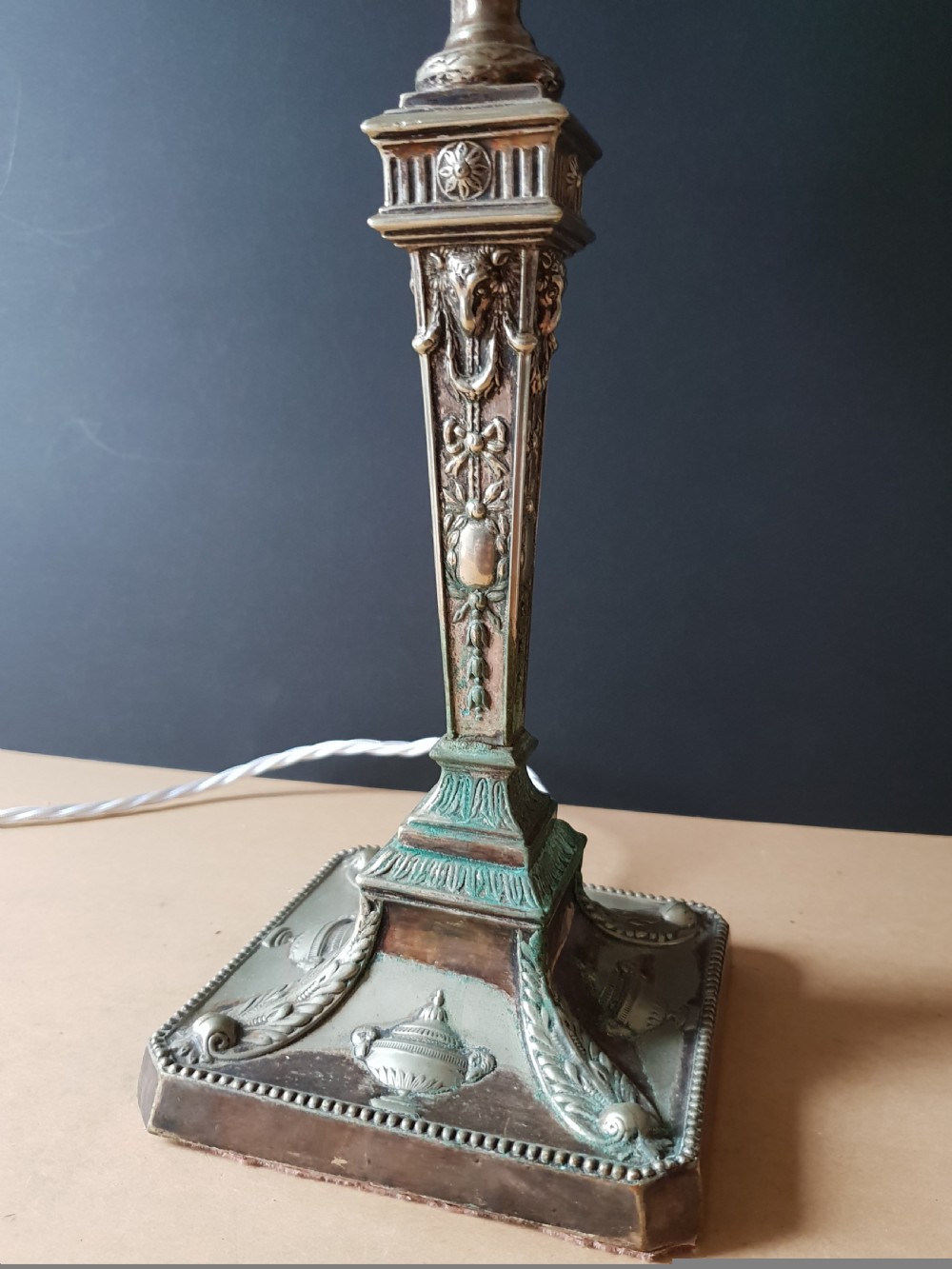 Verdigris Distressed Ornate Table Lamp, Rewired and PAT tested  View IV