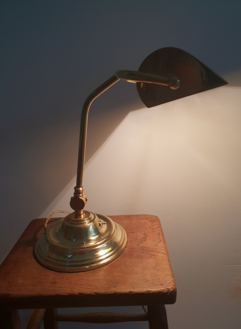 Edwardian Brass Bankers Lamp, Rewired and PAT tested  View II