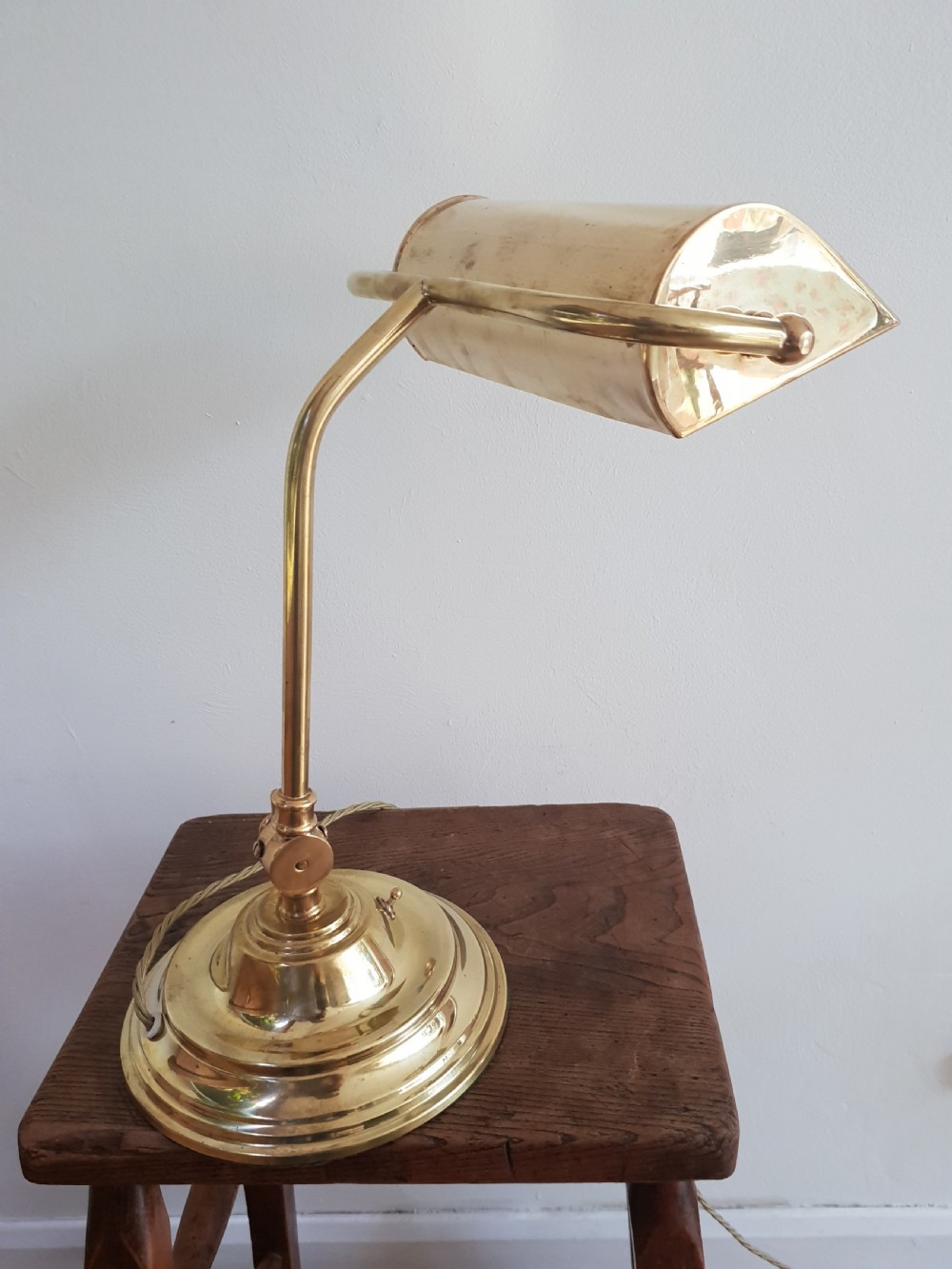 Edwardian Brass Bankers Lamp, Rewired and PAT tested  View V