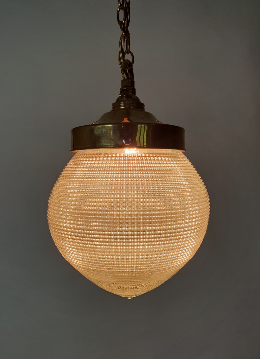 Holophane Prism Pendant Ceiling Light with Original Brass Gallery, Rewired  View II