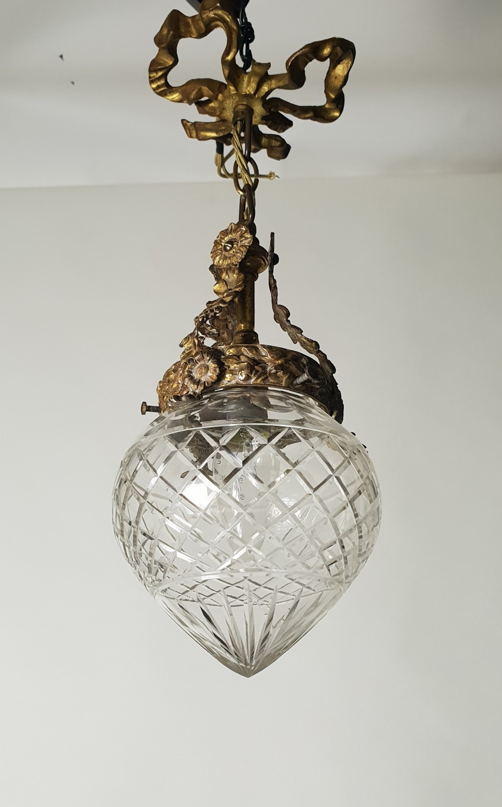 French Gilt Brass Original Ceiling Light with Cut Glass Shade, Rewired 