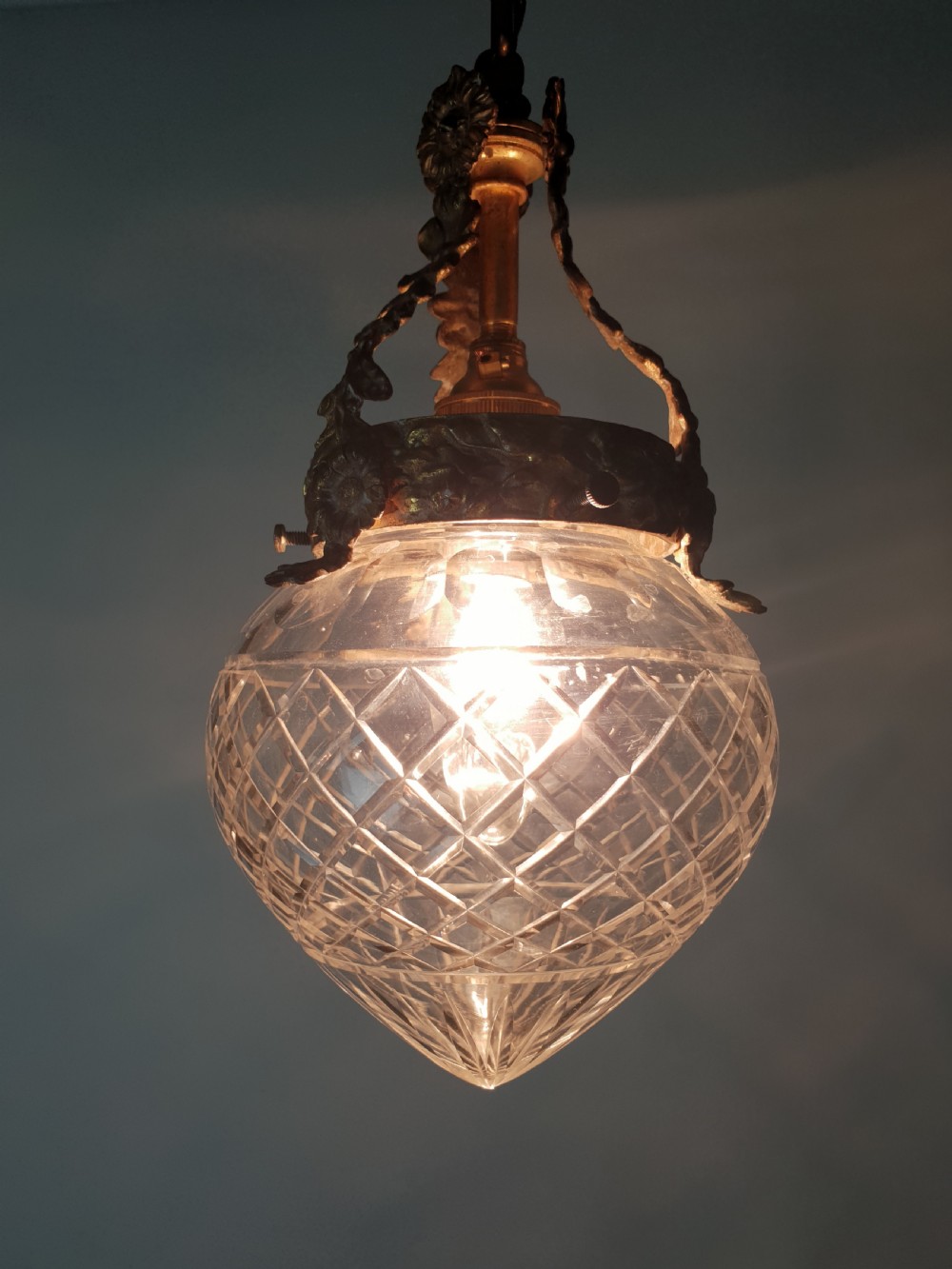 French Gilt Brass Original Ceiling Light with Cut Glass Shade, Rewired  View III