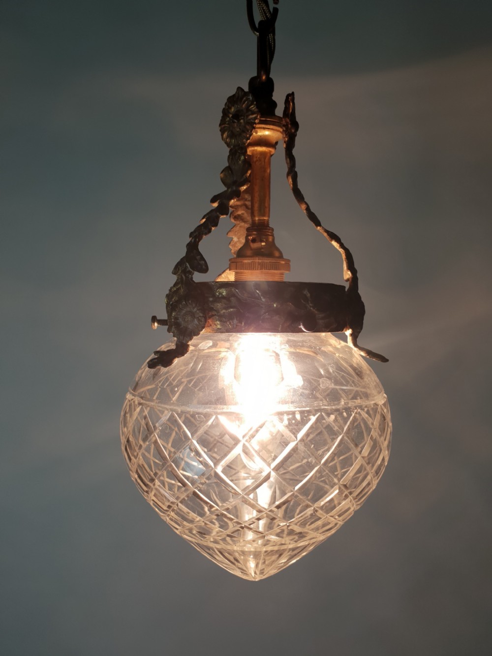 French Gilt Brass Original Ceiling Light with Cut Glass Shade, Rewired  View VI