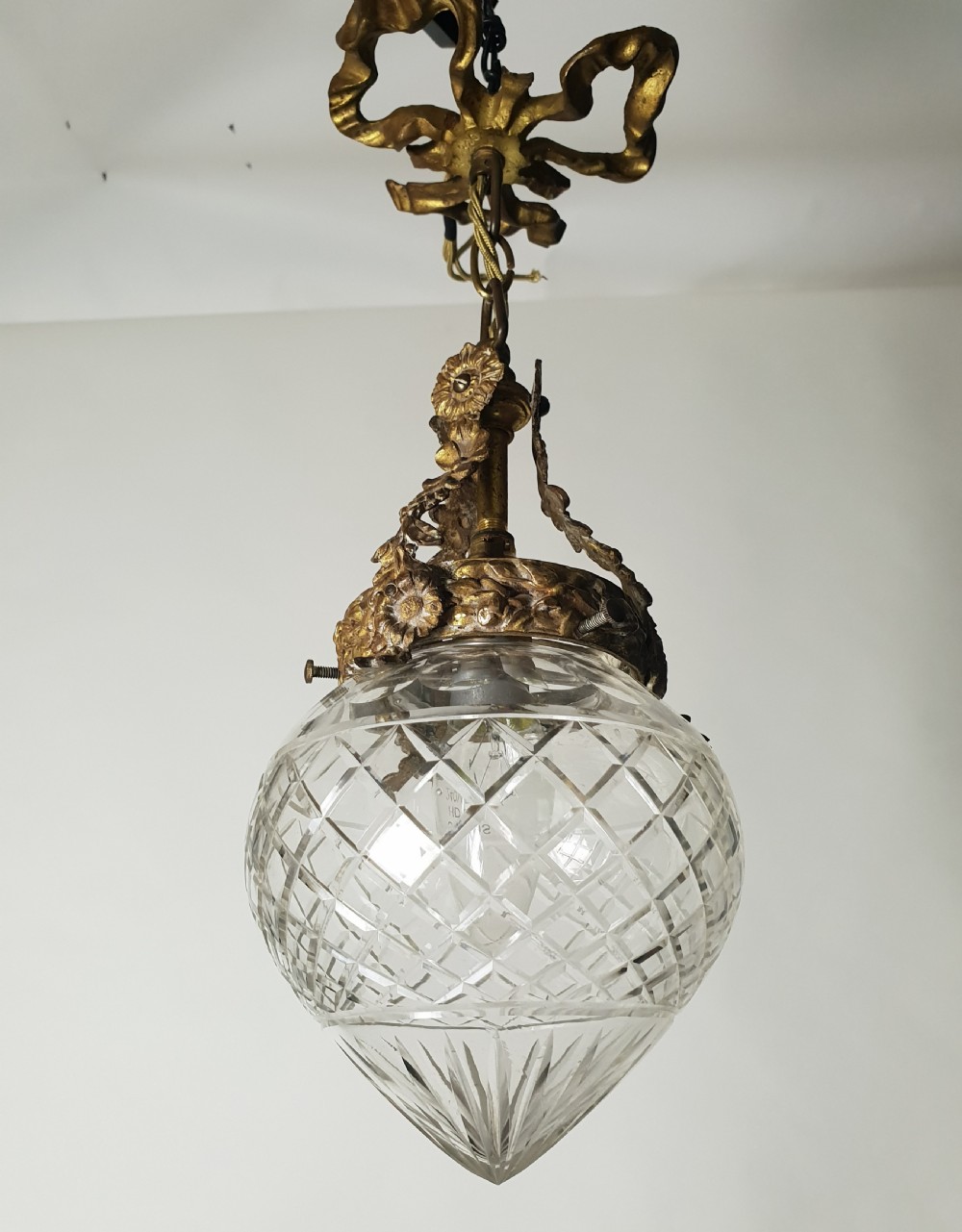 French Gilt Brass Original Ceiling Light with Cut Glass Shade, Rewired  View VIII