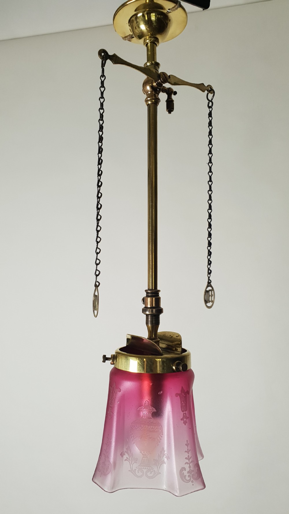 Cranberry Etched Glass Gas Pole Ceiling Light