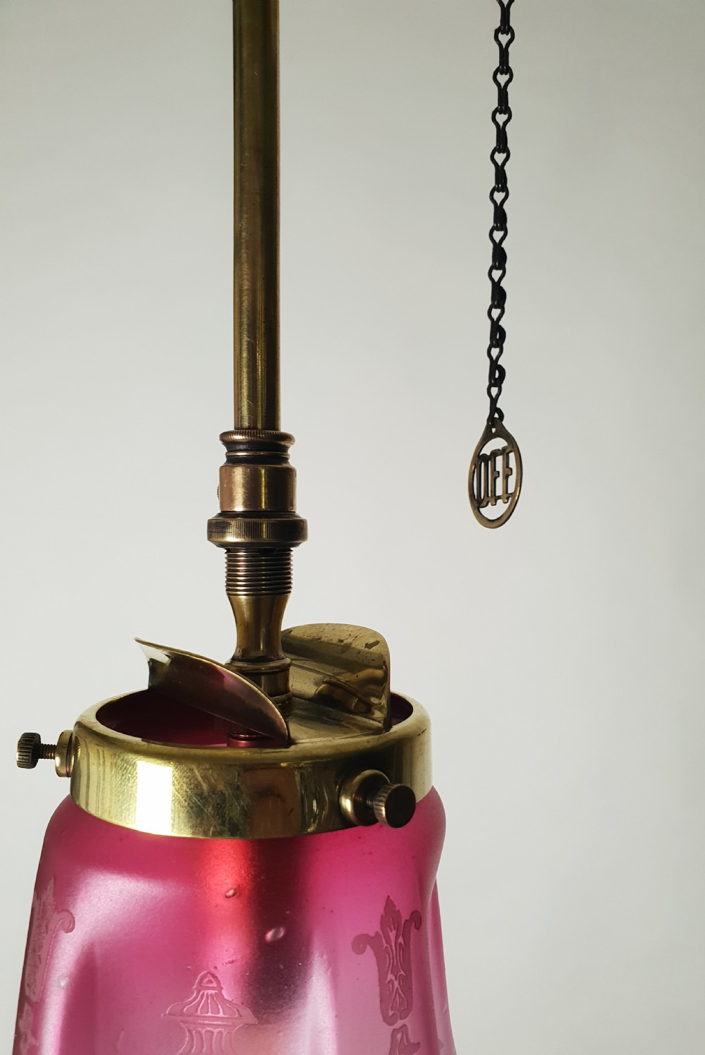 Cranberry Etched Glass Gas Pole Ceiling Light View IV
