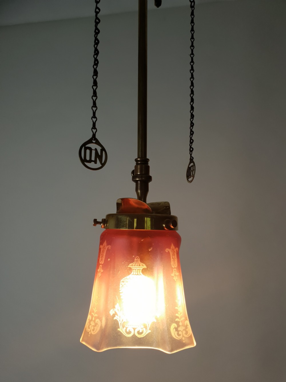 Cranberry Etched Glass Gas Pole Ceiling Light View VI