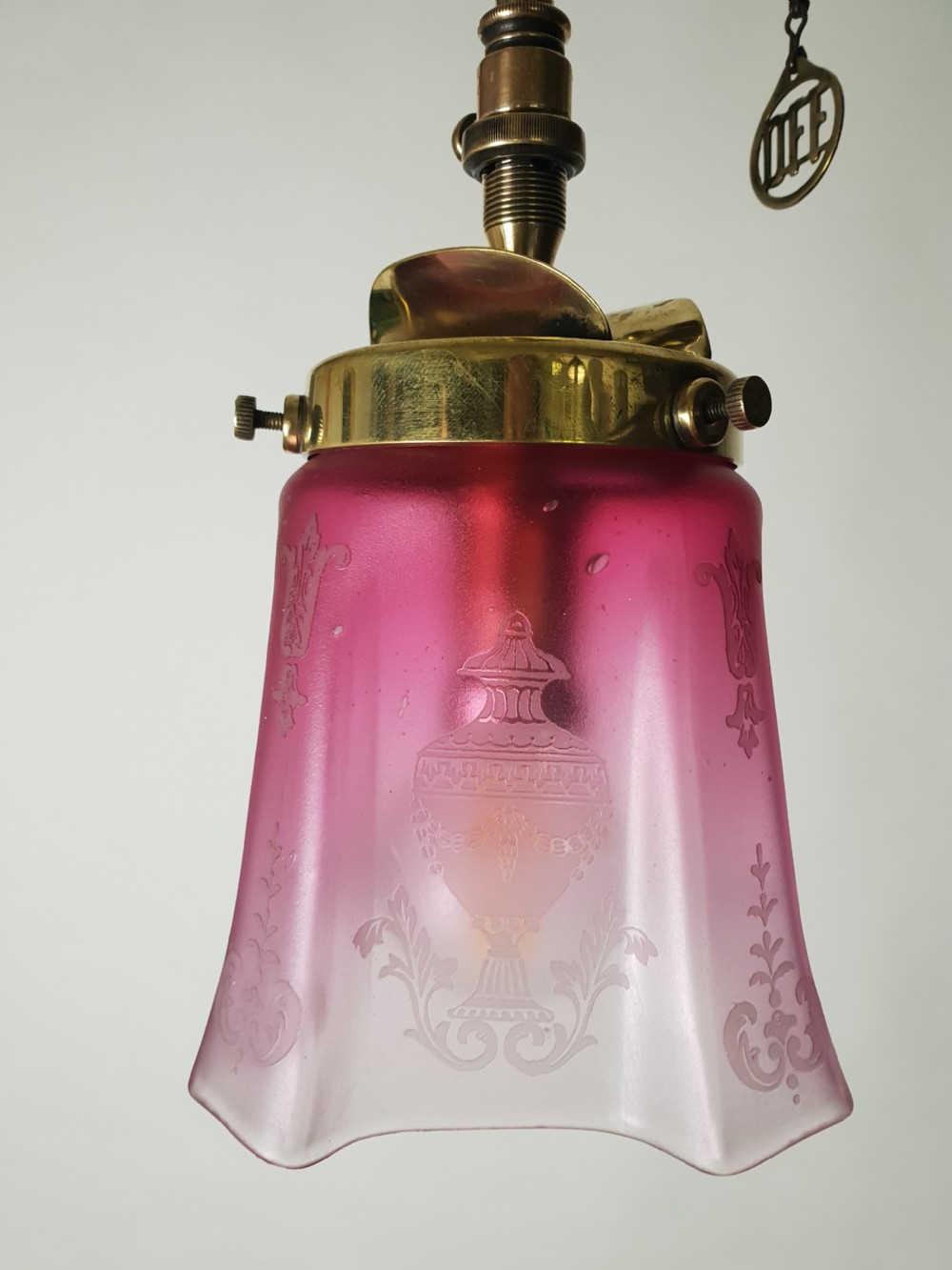 Cranberry Etched Glass Gas Pole Ceiling Light View VII