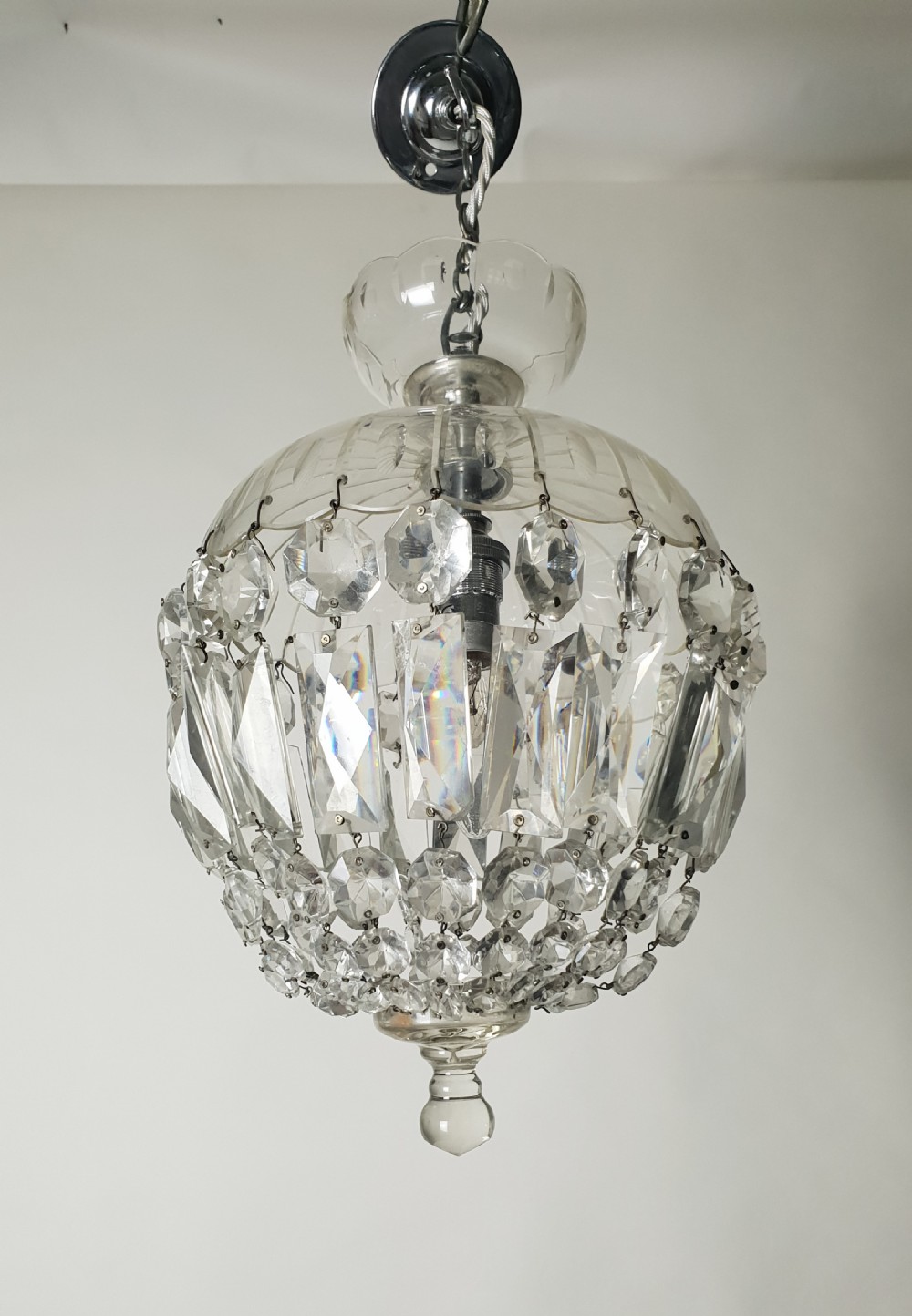 Victorian Crystal Bag Ceiling Light with Chrome Fittings, Rewired 