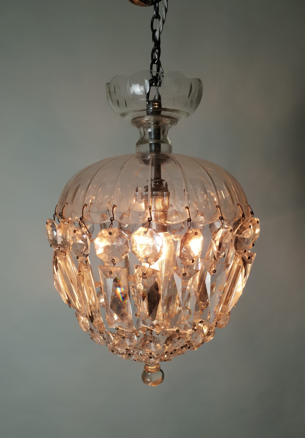 Victorian Crystal Bag Ceiling Light with Chrome Fittings, Rewired  View II