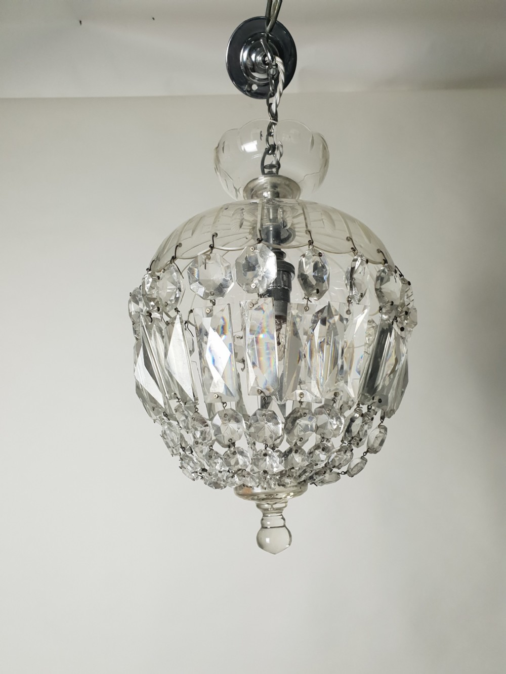 Victorian Crystal Bag Ceiling Light with Chrome Fittings, Rewired  View III