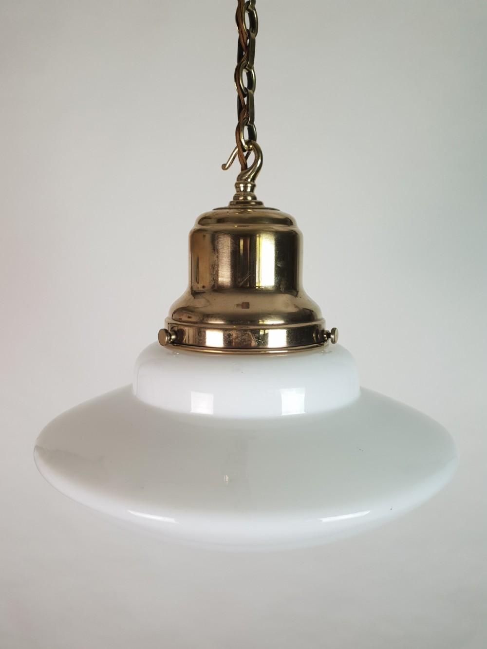 Edwardian Domed Bottom Opaline Ceiling Light with Original Brass Gallery View III
