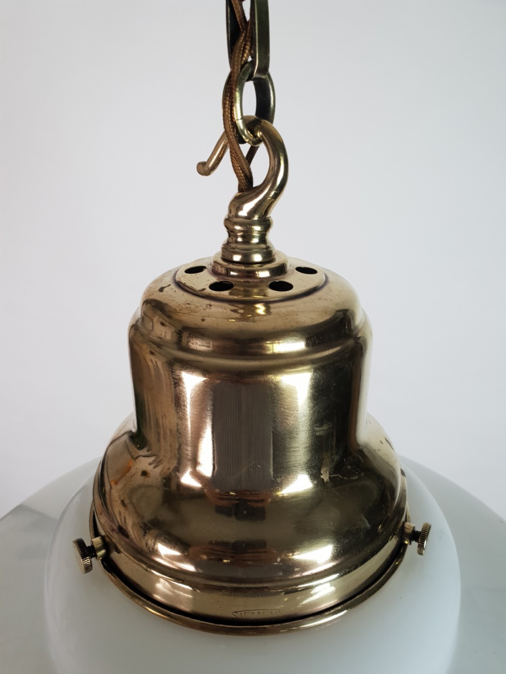 Edwardian Domed Bottom Opaline Ceiling Light with Original Brass Gallery View VI