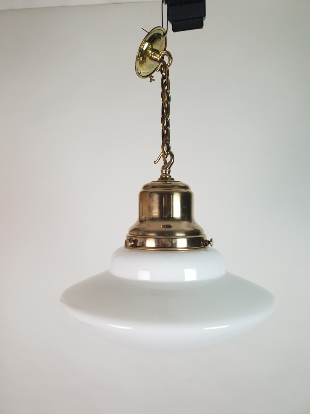 Edwardian Domed Bottom Opaline Ceiling Light with Original Brass Gallery View VII