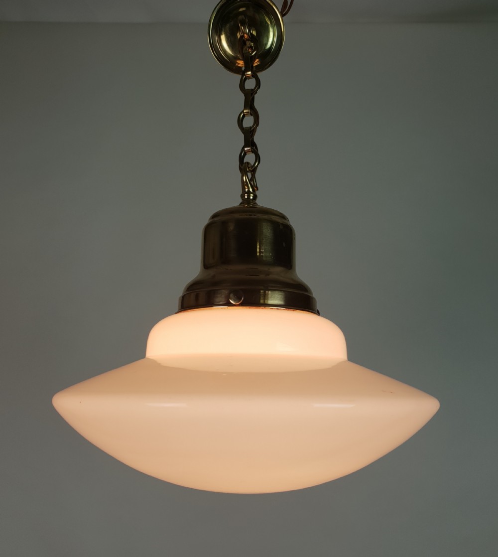 Edwardian Domed Bottom Opaline Ceiling Light with Original Brass Gallery View VIII