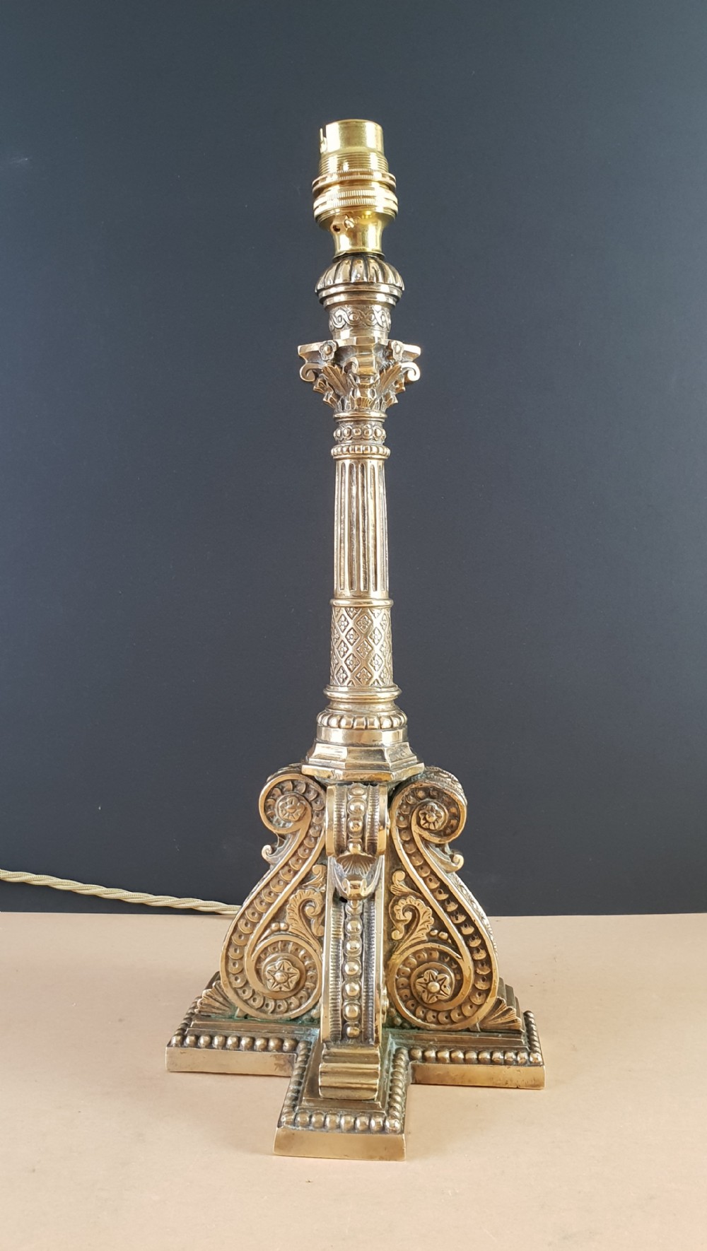 Victorian Decorated Column Brass Table Lamp, Rewired and PAT tested 