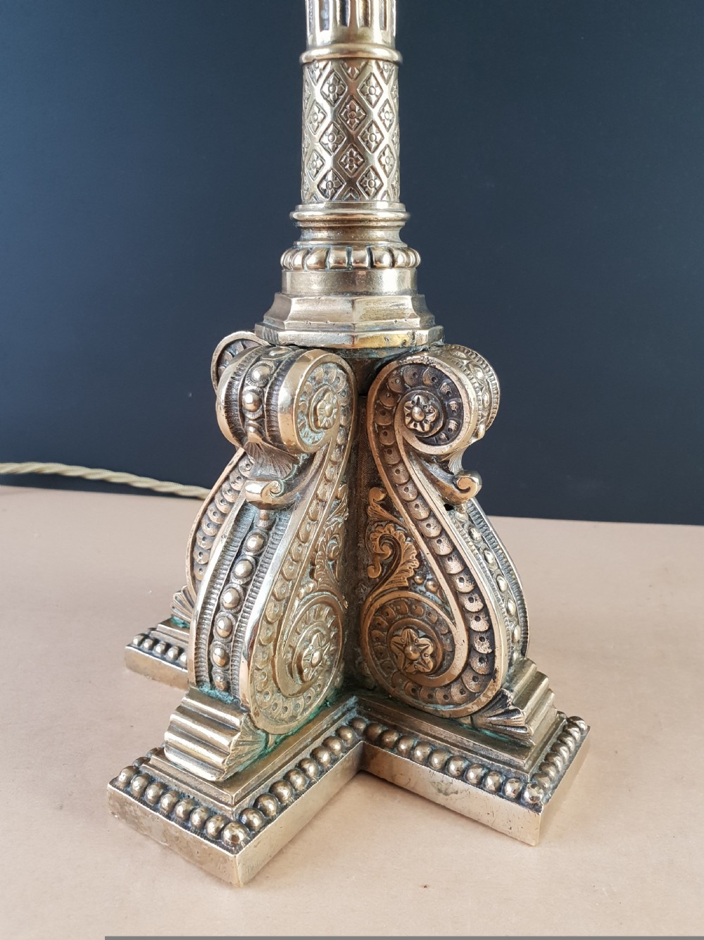 Victorian Decorated Column Brass Table Lamp, Rewired and PAT tested  View III
