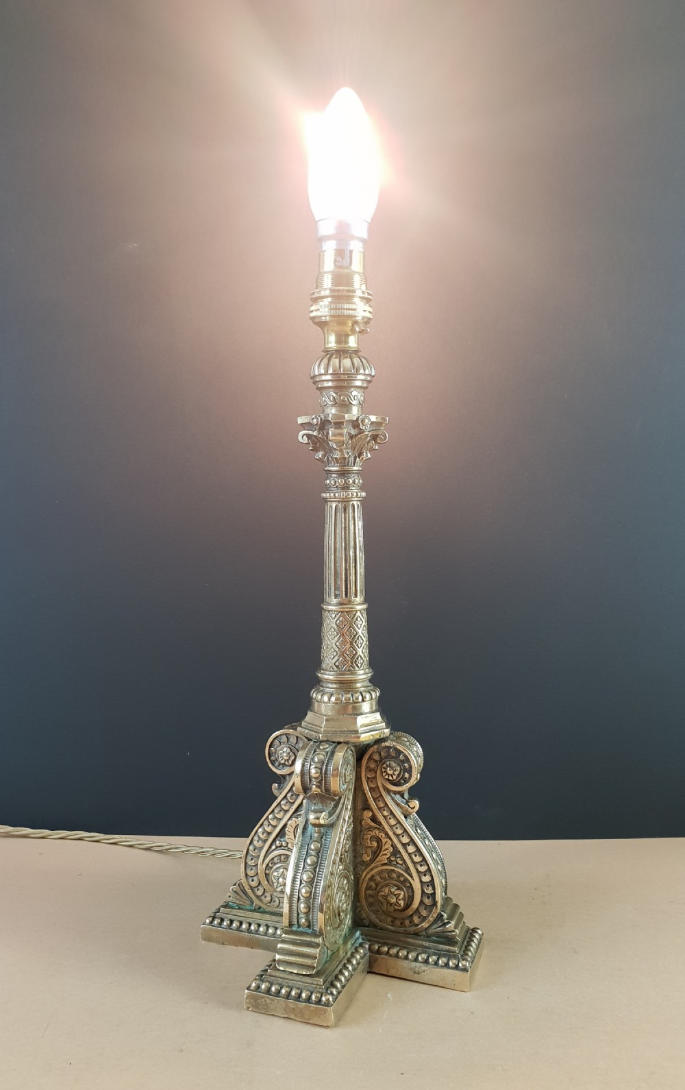 Victorian Decorated Column Brass Table Lamp, Rewired and PAT tested  View IV