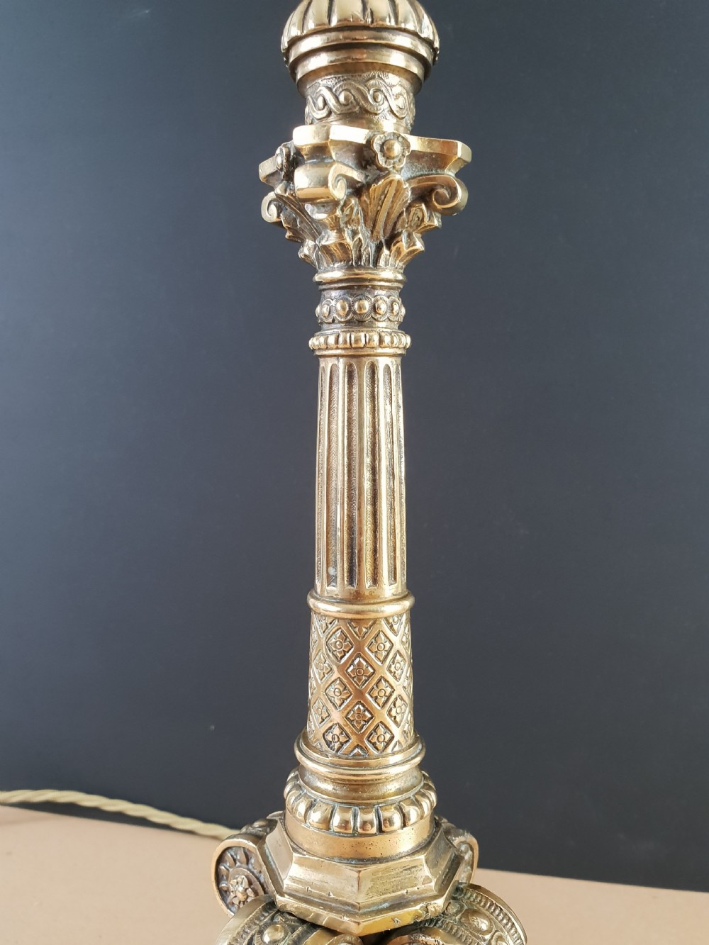 Victorian Decorated Column Brass Table Lamp, Rewired and PAT tested  View V