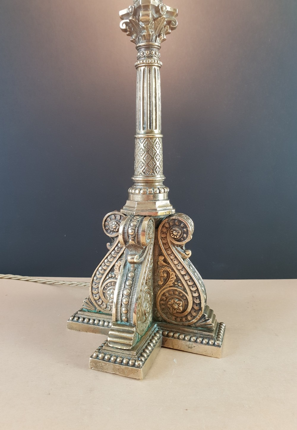 Victorian Decorated Column Brass Table Lamp, Rewired and PAT tested  View X