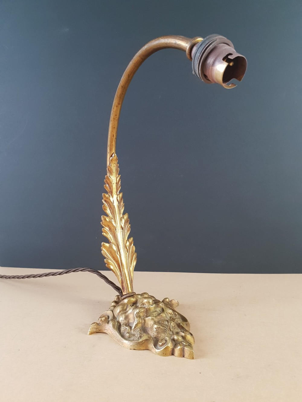 French Gilt Brass Ladies Table Lamp with Mythical Face Base, Rewired and PAT tested  View IV