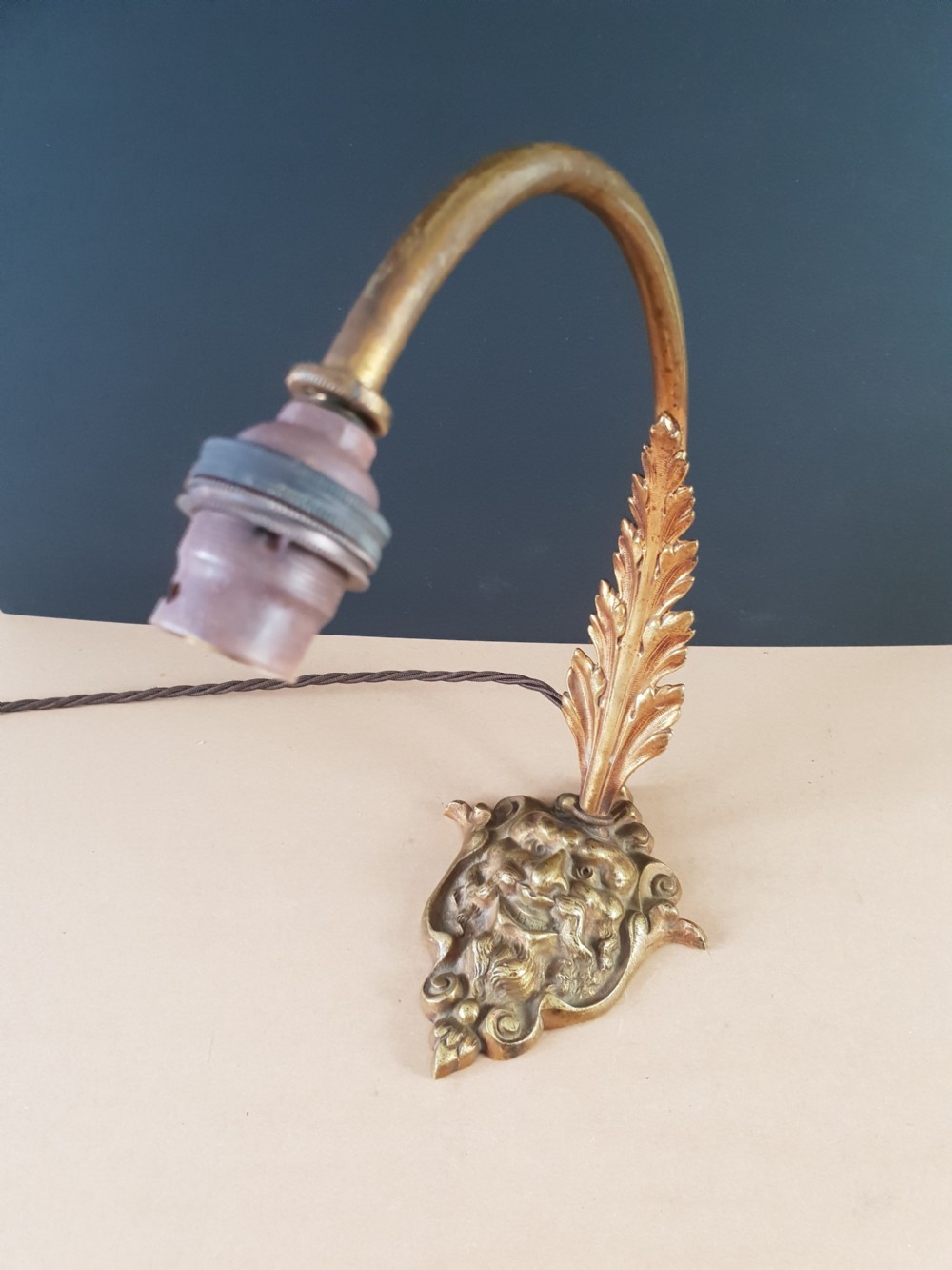 French Gilt Brass Ladies Table Lamp with Mythical Face Base, Rewired and PAT tested  View V
