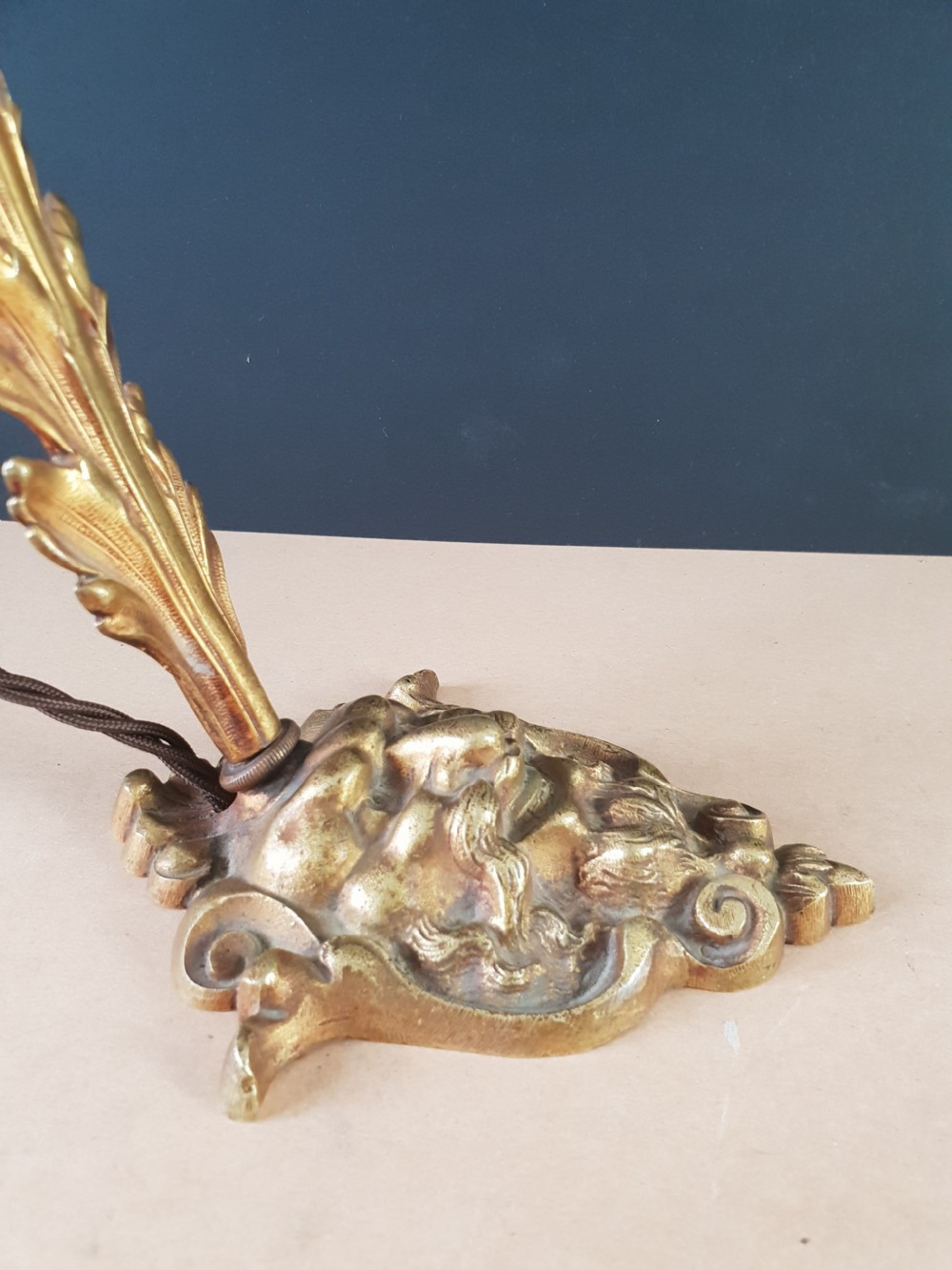 French Gilt Brass Ladies Table Lamp with Mythical Face Base, Rewired and PAT tested  View VII