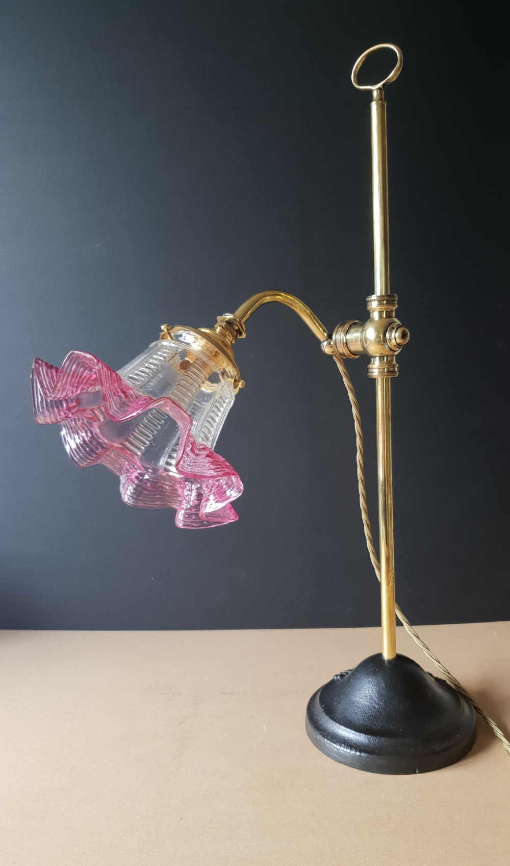 Adjustable Rise & Fall Paris Brass Desk Table Lamp with Glass Shade