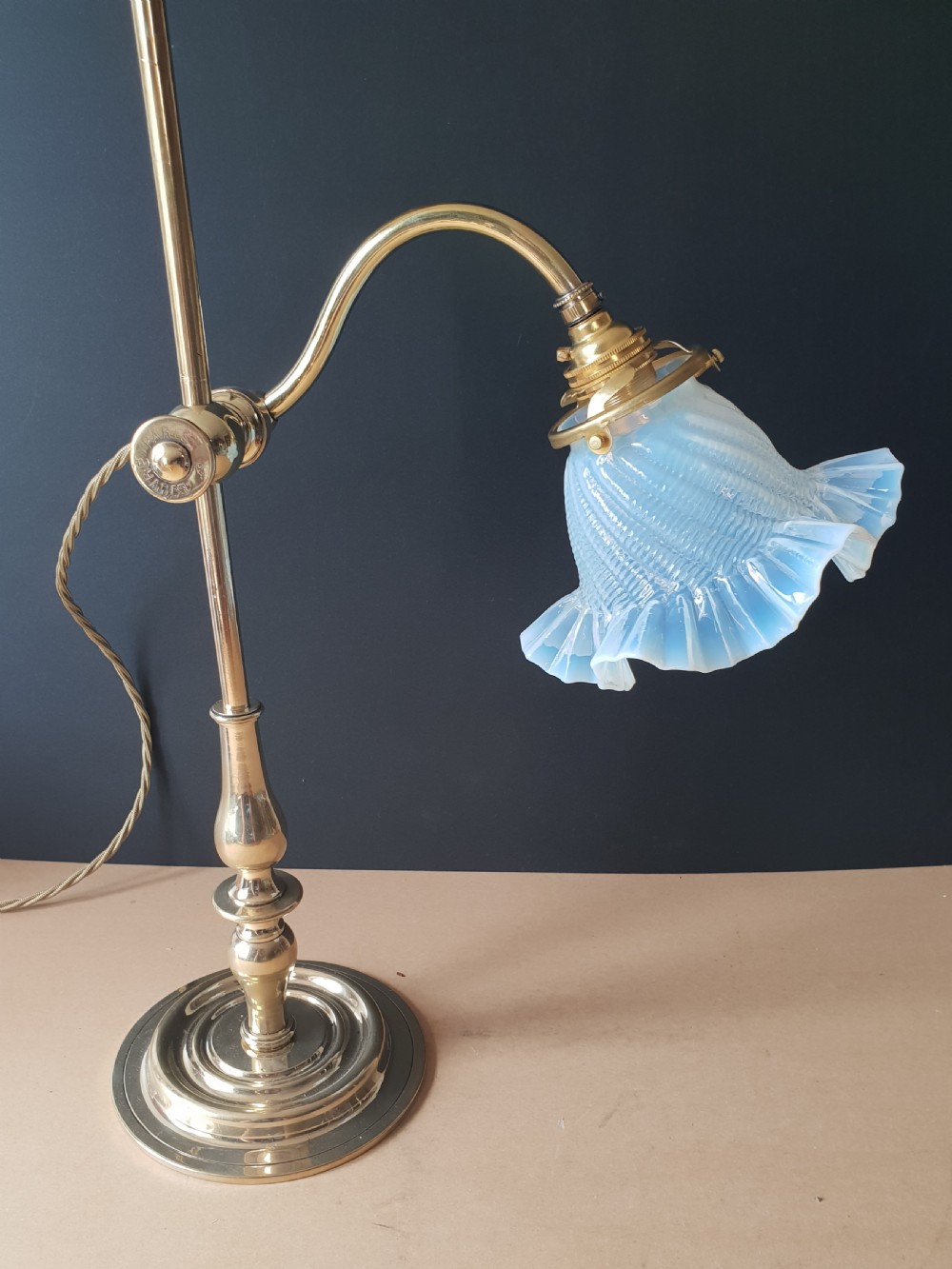 Adjustable Rise & Fall Paris Brass Desk Table Lamp with Vaseline Shade View XII